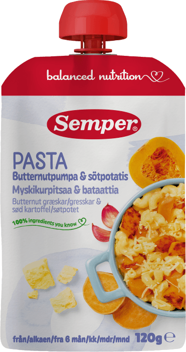 Barnmat Pasta, butternutpumpa & sötpotatis