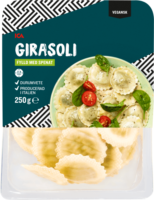 Pasta girasoli färsk spenatfyllning vegansk